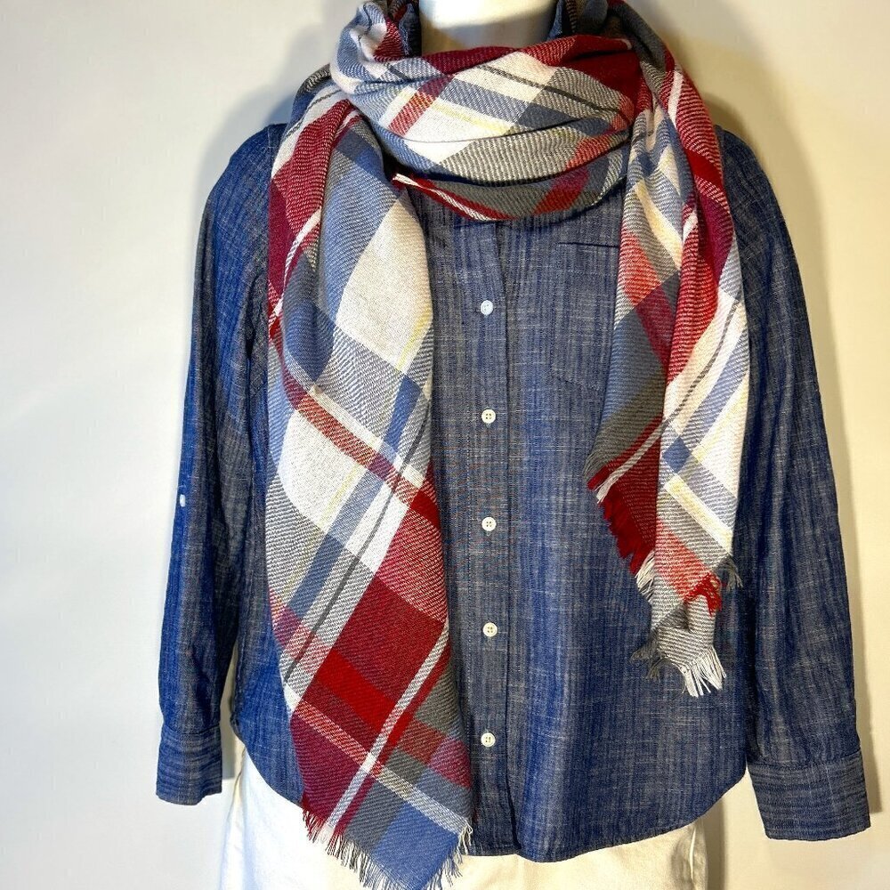 Scarf / wrap Blue & red large 58x58 plaid soft ranch academia USA wardrobe stapl